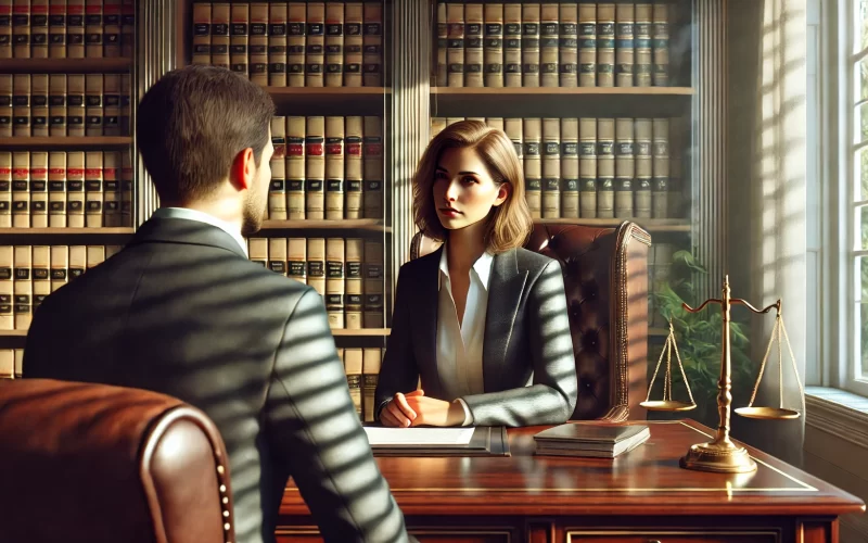 DALL·E 2024-09-18 18.52.18 - A realistic, photo-like illustration of a scene in a lawyer's office. The office is sophist