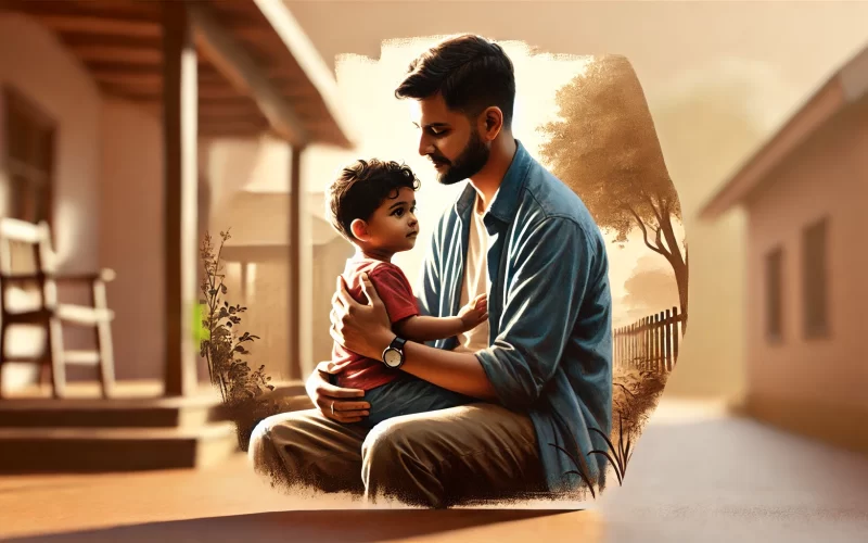 DALL·E 2024-09-24 12.07.40 - A realistic wide illustration of a father and his child in a warm, emotional moment. The father is holding or sitting close to the child, showing a st